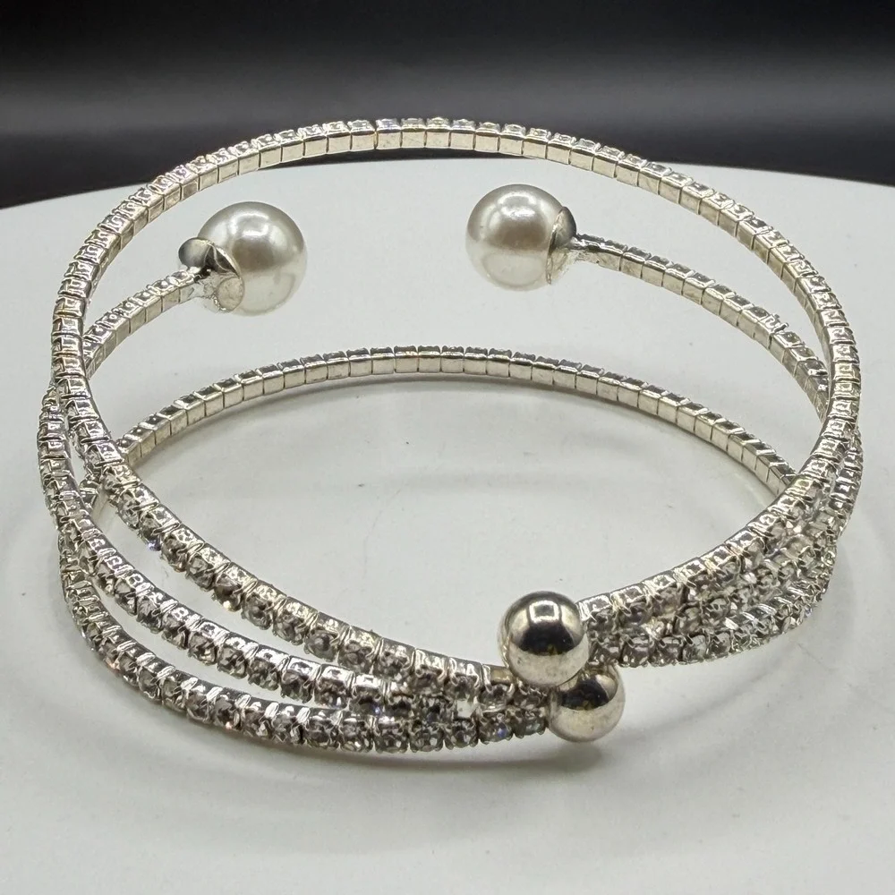 Clear Rhinestone Faux Pearl Silver Tone Triple Row Cuff Wrap Bracelet Bridal
